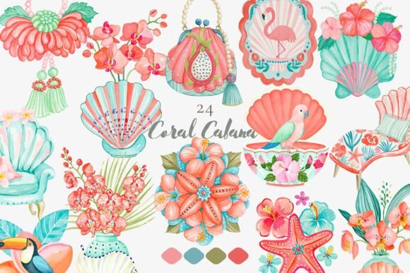 Download Coral Cabana Watercolor Clipart Set - Clipart Collection
