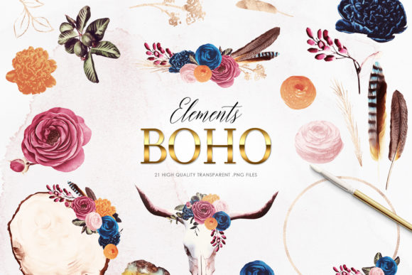 Download Boho Clipart Set, Bohemian Flowers - Clipart Collection