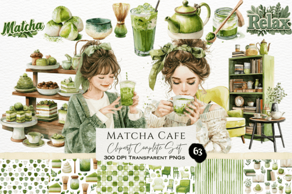Download Matcha Cafe Watercolor Clipart Set - Clipart Collection