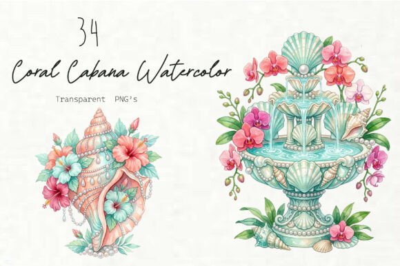 Download Coral Cabana Watercolor Clipart Set - Clipart Collection