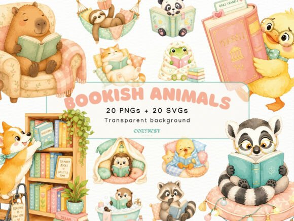 Download Bookish Cute Animals Watercolor Cliparts - Clipart Collection